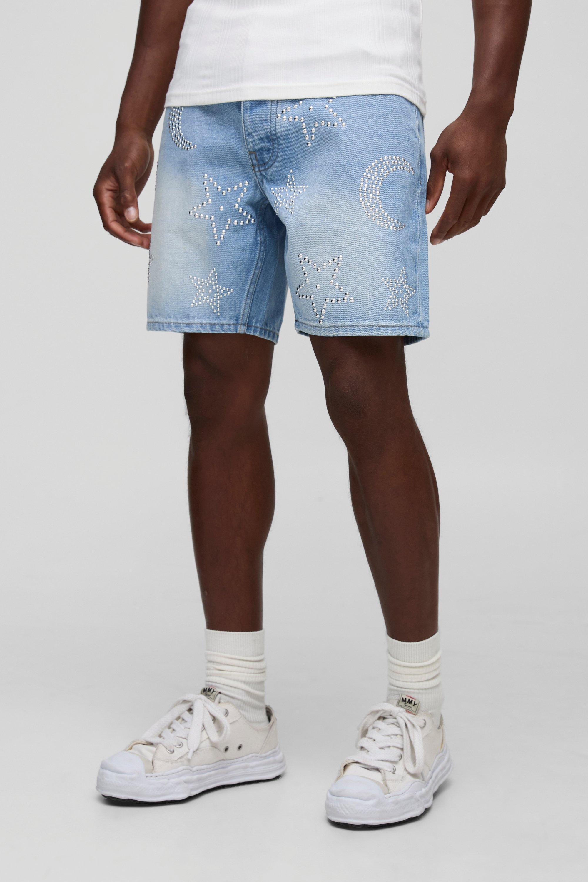 [COMPAGNO]★BERMUDA HALF STAR DENIM PANTS FCOOLYEET Mens Demin Shorts Jeans Y2k Baggy Jorts Patchwork